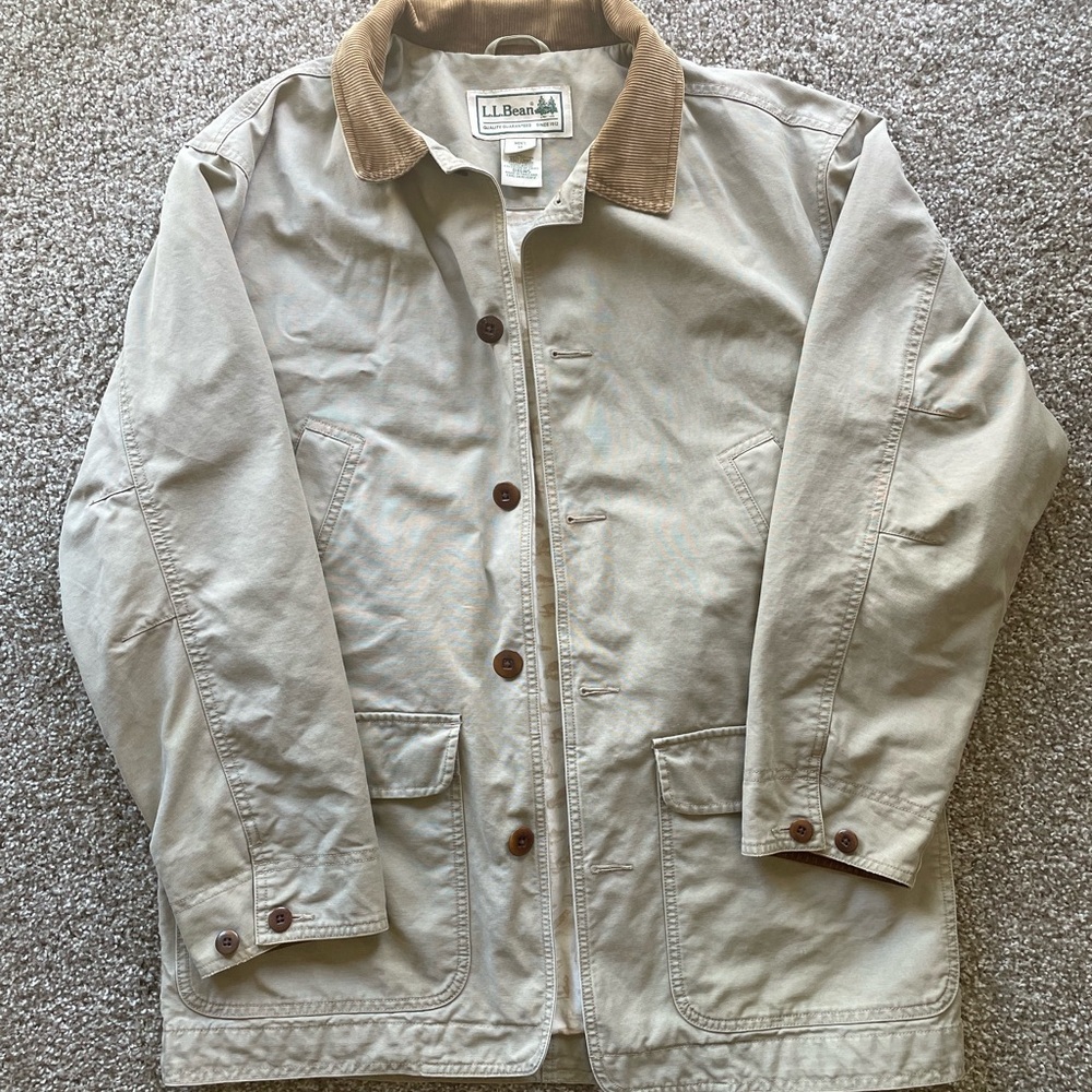 Vintage L.L. Bean Men's Beige Barn Jacket with Brown Corduroy Accents